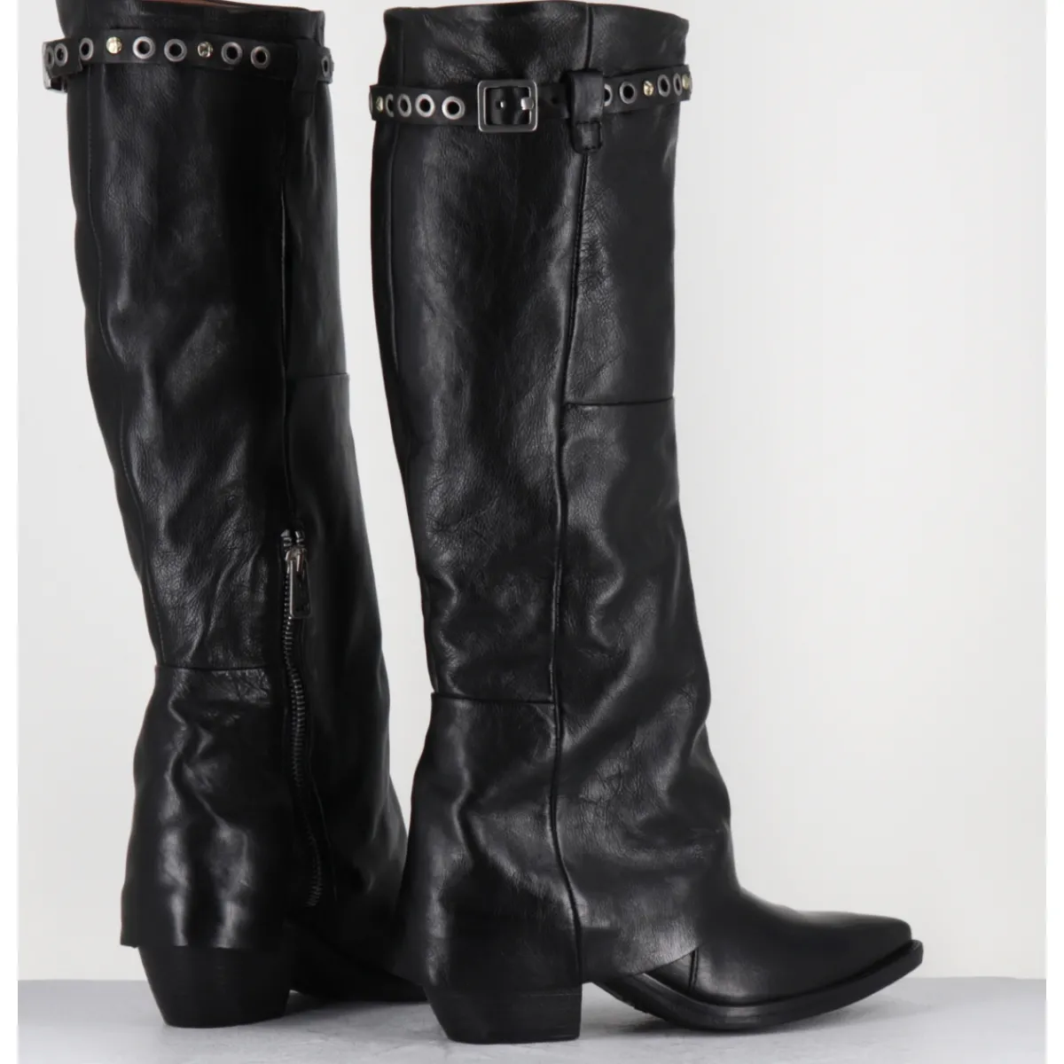 Best A.S.98 Bottes santiags en cuir sangle cloutée - B84301 NERO NOIR