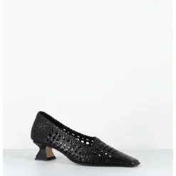 MIISTA Escarpins petit talon en cuir tressé bout carré - GISLA BLACK COURT NOIR
