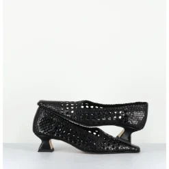 MIISTA Escarpins petit talon en cuir tressé bout carré - GISLA BLACK COURT NOIR
