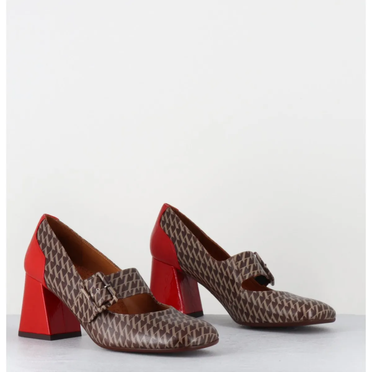 New CHIE MIHARA Mary-Jane à talon en cuir imprimé pied-de-poule & talon vernis rouge - SYSA GALLO TESTA