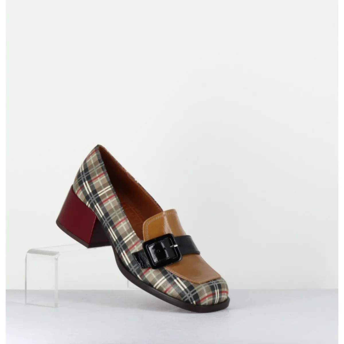 Online CHIE MIHARA Mocassins à petit talon cuir imprimé tartan & boucle - BUCLE SCOTCH CLASSIC