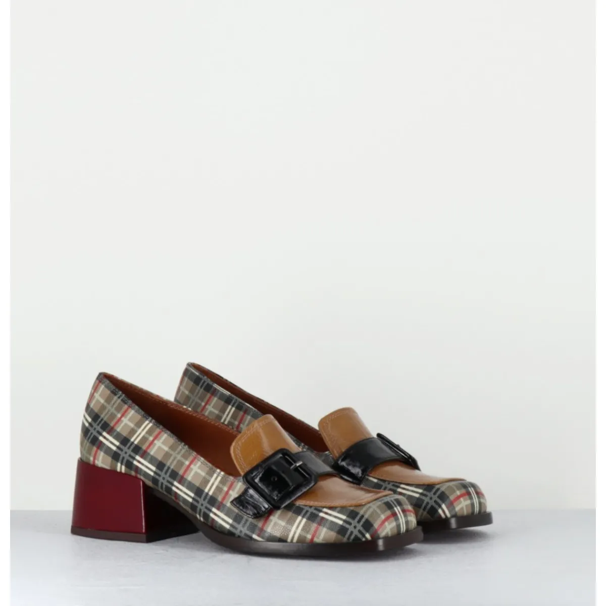 Online CHIE MIHARA Mocassins à petit talon cuir imprimé tartan & boucle - BUCLE SCOTCH CLASSIC
