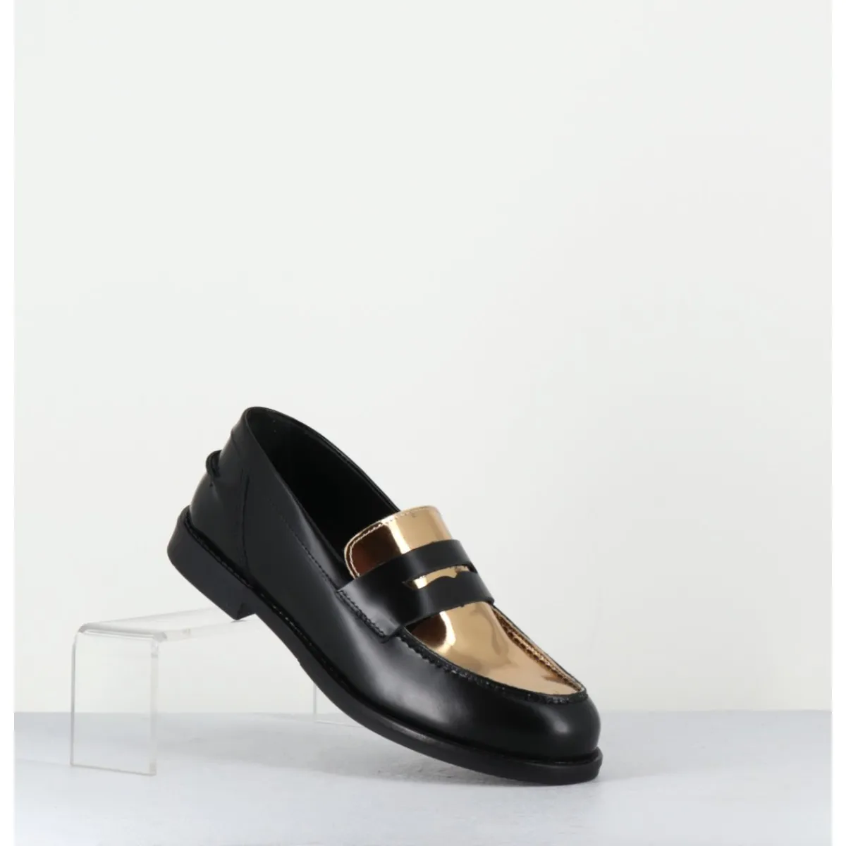 Hot OA NON FASHION Mocassins en cuir glacé noir & or - AL103 NERO ORO