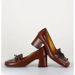 Clearance MARA BINI Mocassins en cuir lisse marron à pompon - R233M MOUSSE CUOIO COGNAC