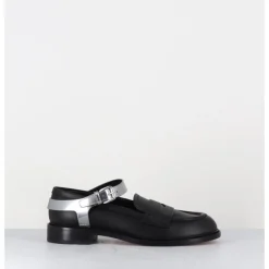 Clearance AGL Mocassins en cuir & bride harnais argent - OLIVIA NERO SILVER NOIR