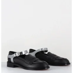 Clearance AGL Mocassins en cuir & bride harnais argent - OLIVIA NERO SILVER NOIR
