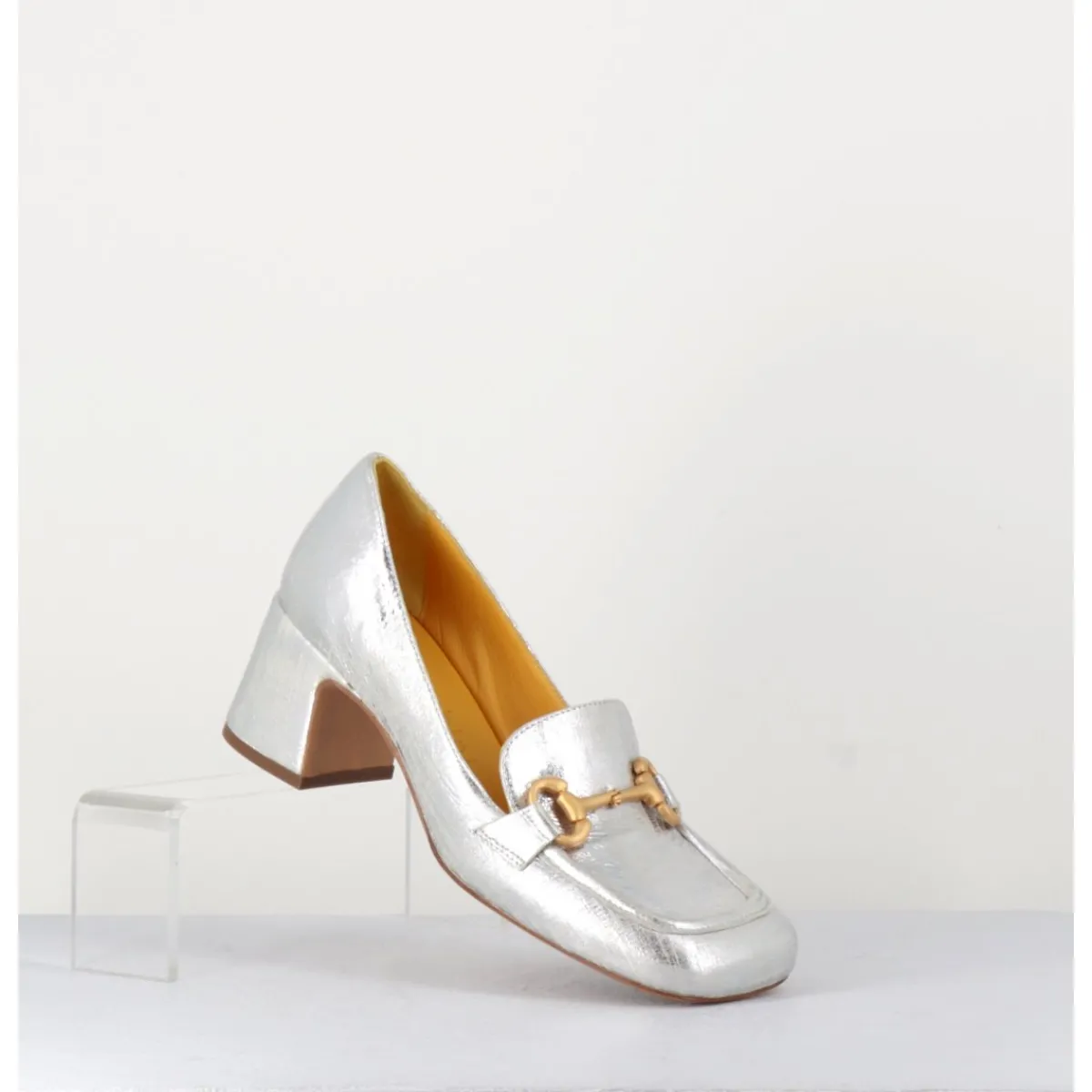 MARA BINI Mocassins petit talon en cuir & mors doré - Q167 VINTAGE SILVER ARGENT