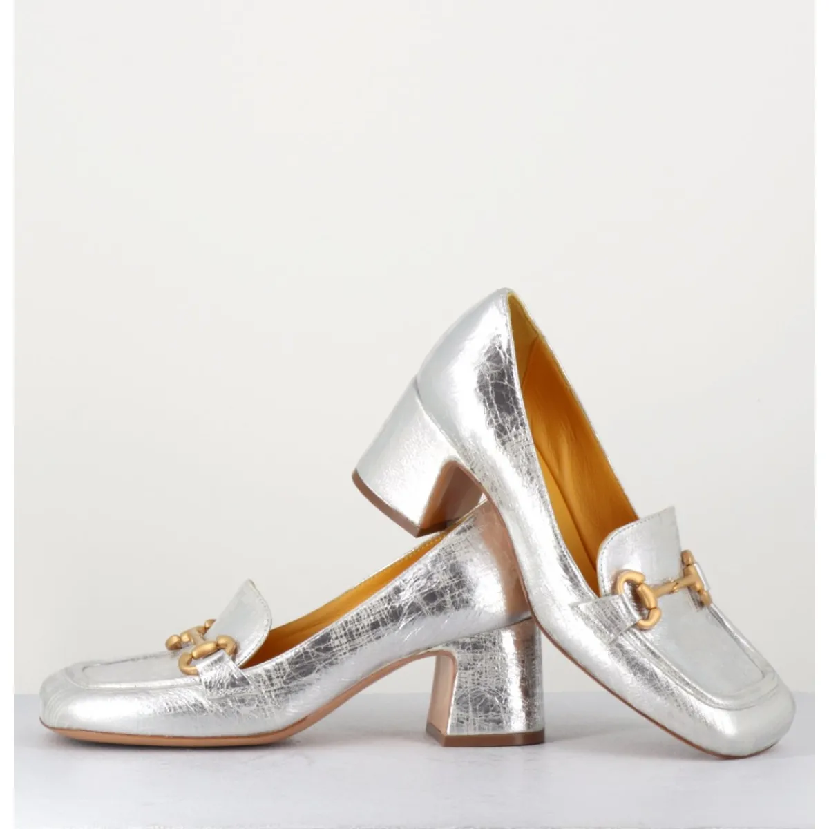 MARA BINI Mocassins petit talon en cuir & mors doré - Q167 VINTAGE SILVER ARGENT