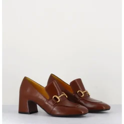 New MARA BINI Mocassins 70s à talon en cuir camel bout carré - H759 SETA CASTORO COGNAC