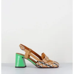 Hot CHIE MIHARA Mocassins slingback motif rétro camel & vert - SUYLI BLUES CUERO