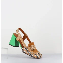 Hot CHIE MIHARA Mocassins slingback motif rétro camel & vert - SUYLI BLUES CUERO