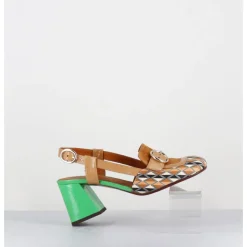 Hot CHIE MIHARA Mocassins slingback motif rétro camel & vert - SUYLI BLUES CUERO