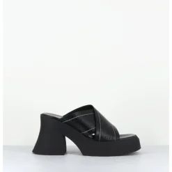 Discount E8 BY MIISTA Mules à plateforme cuir grainé & surpiqûres blanches - RAISSA BLACK MULES NOIR