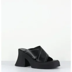 Discount E8 BY MIISTA Mules à plateforme cuir grainé & surpiqûres blanches - RAISSA BLACK MULES NOIR