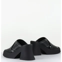 Discount E8 BY MIISTA Mules à plateforme cuir grainé & surpiqûres blanches - RAISSA BLACK MULES NOIR