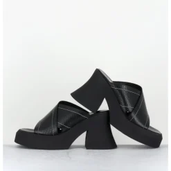 Discount E8 BY MIISTA Mules à plateforme cuir grainé & surpiqûres blanches - RAISSA BLACK MULES NOIR