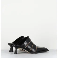Sale MIISTA Mules cuir & piercings bout carré petit talon - TATTI BLACK MULES NOIR