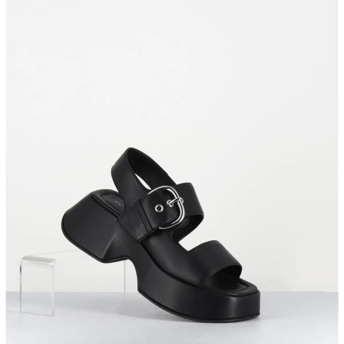 Outlet VIC MATIE Sandales à plateforme en cuir & boucle argent - 1E1500D TRAVEL BLACK NOIR