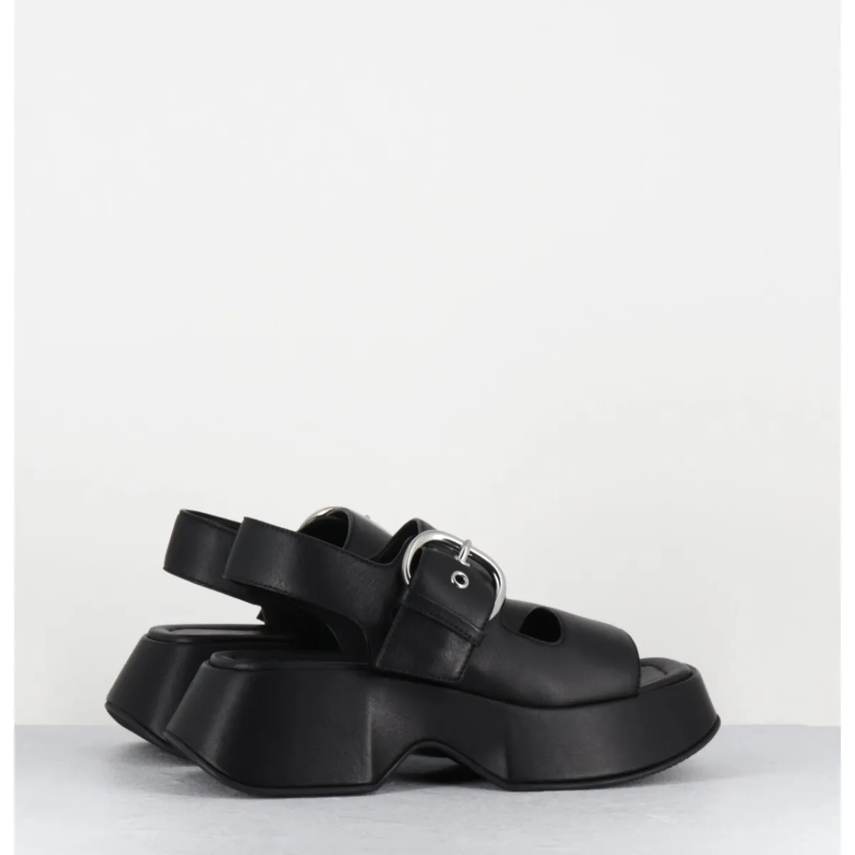 Outlet VIC MATIE Sandales à plateforme en cuir & boucle argent - 1E1500D TRAVEL BLACK NOIR