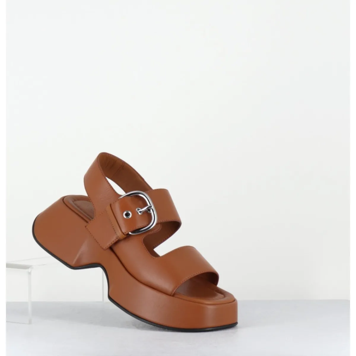 Outlet VIC MATIE Sandales à plateforme en cuir & boucle argent - 1E1500D TRAVEL TOBACCO CAMEL