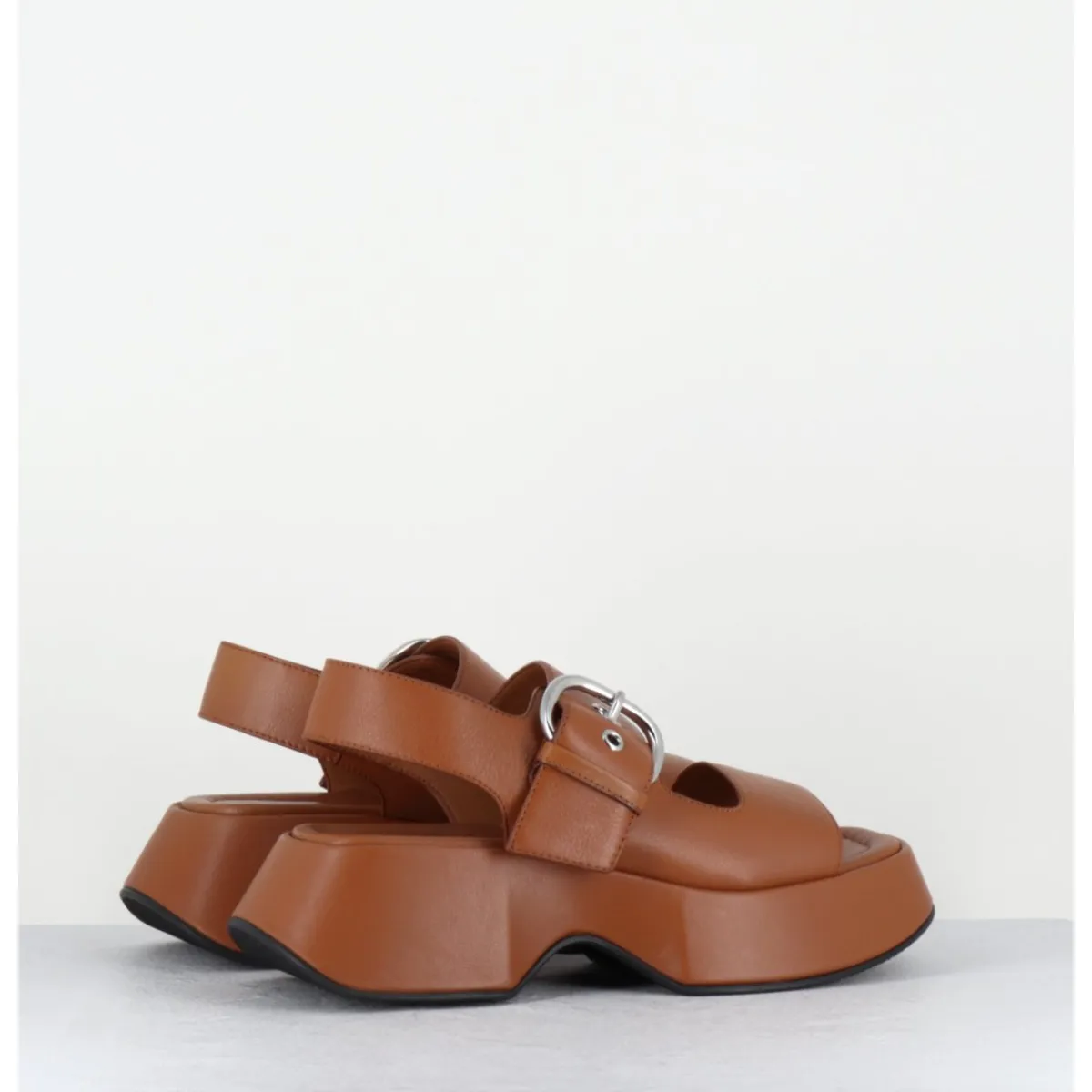 Outlet VIC MATIE Sandales à plateforme en cuir & boucle argent - 1E1500D TRAVEL TOBACCO CAMEL