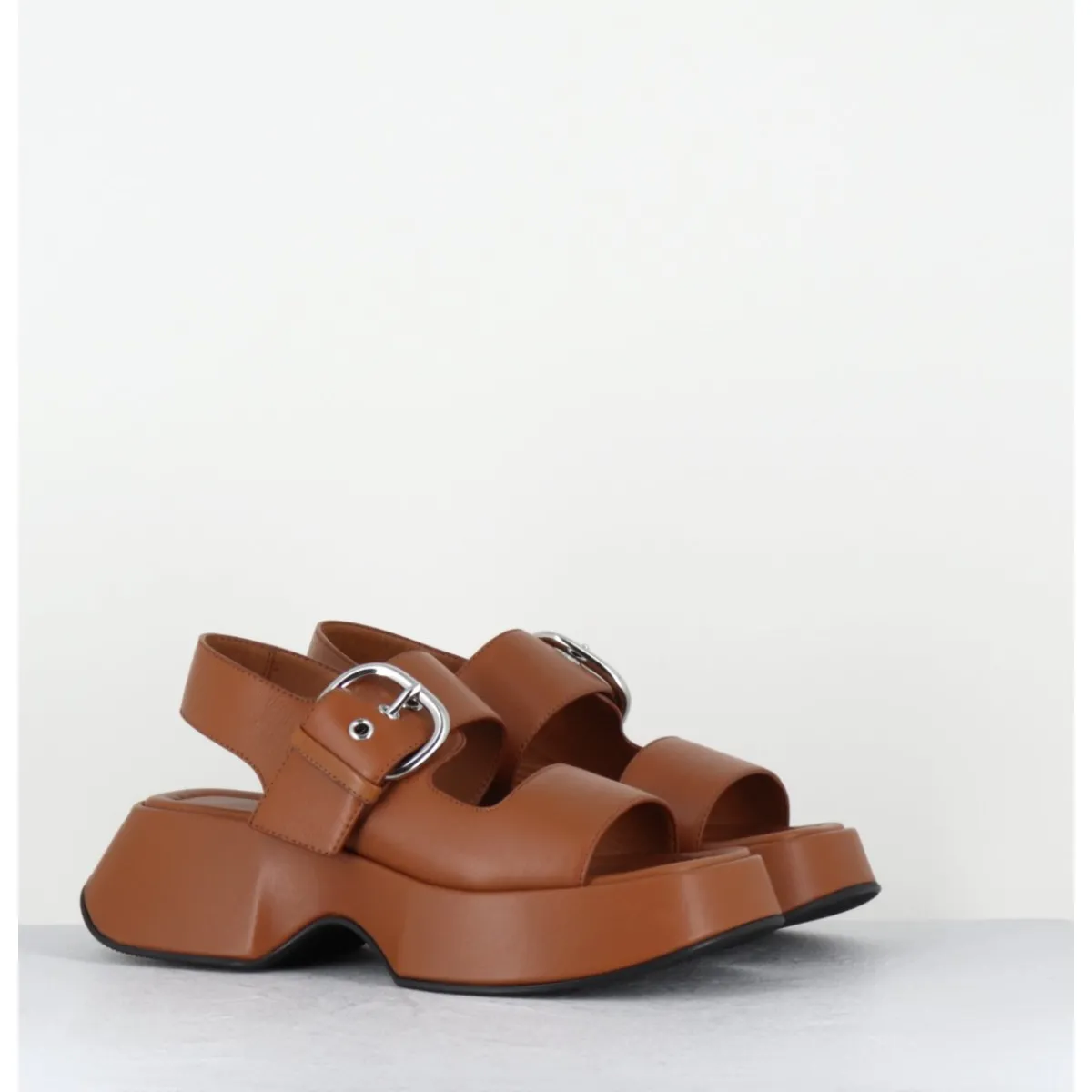 Outlet VIC MATIE Sandales à plateforme en cuir & boucle argent - 1E1500D TRAVEL TOBACCO CAMEL