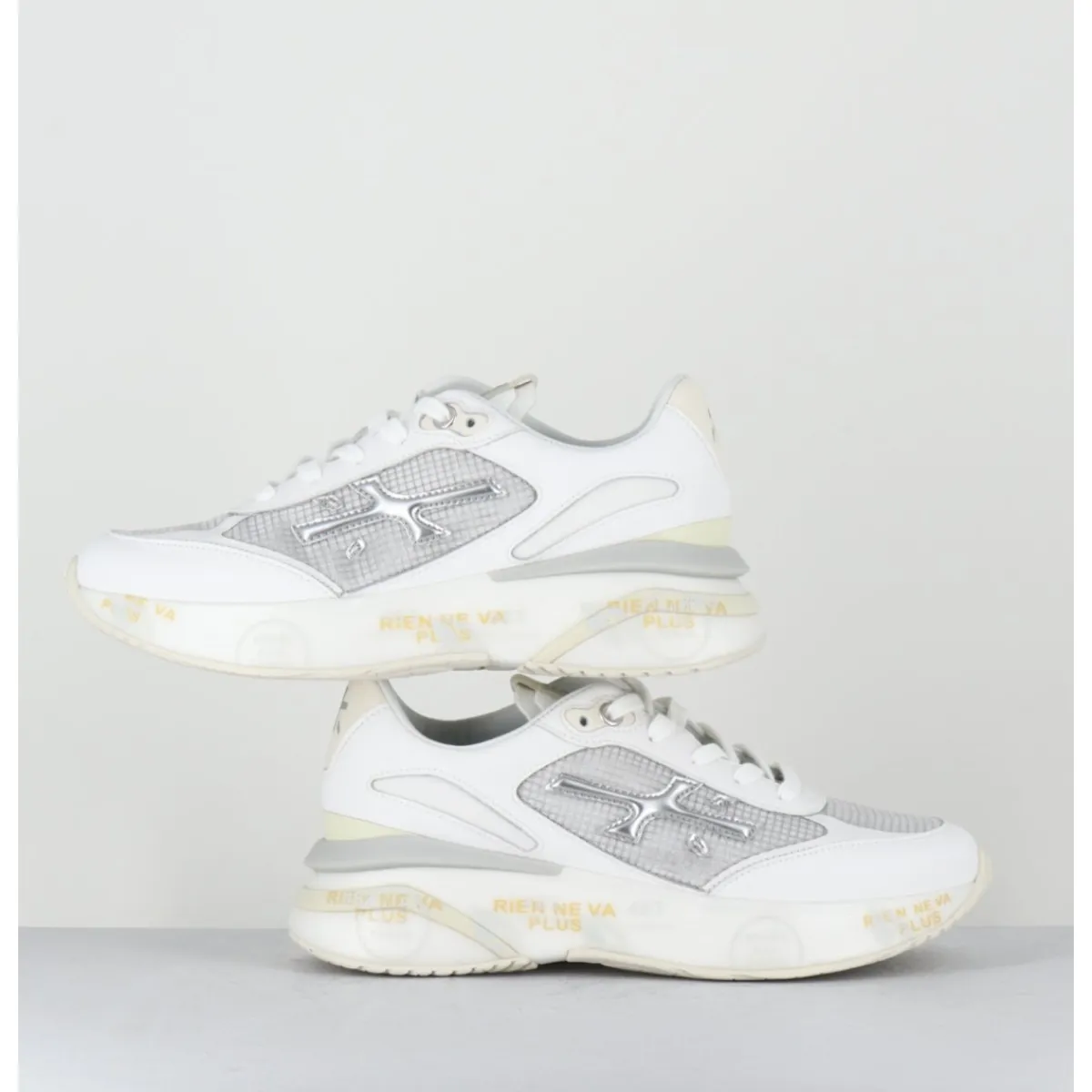 New PREMIATA Sneakers ultra light toile he & cuir argent- MOERUND 6809 BLANC