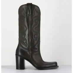 Online ELENA IACHI Texan boots bout carré en cuir khaki & surpiqures - E3660 MILITARE