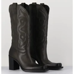 Online ELENA IACHI Texan boots bout carré en cuir khaki & surpiqures - E3660 MILITARE