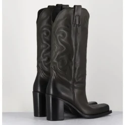 Online ELENA IACHI Texan boots bout carré en cuir khaki & surpiqures - E3660 MILITARE