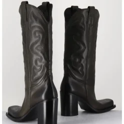 Online ELENA IACHI Texan boots bout carré en cuir khaki & surpiqures - E3660 MILITARE