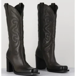 Online ELENA IACHI Texan boots bout carré en cuir khaki & surpiqures - E3660 MILITARE