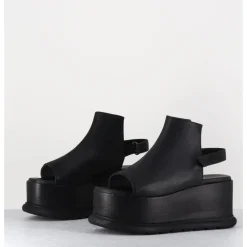 Outlet LOFINA Sandales compensées en cuir esprit japonais - 2420 GAS NERO NOIR